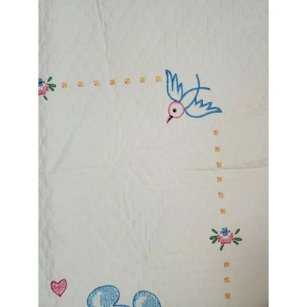 Vintage 70s Disney Needlecraft Crib Blanket Mickey Minnie Cross Stitch Yellow